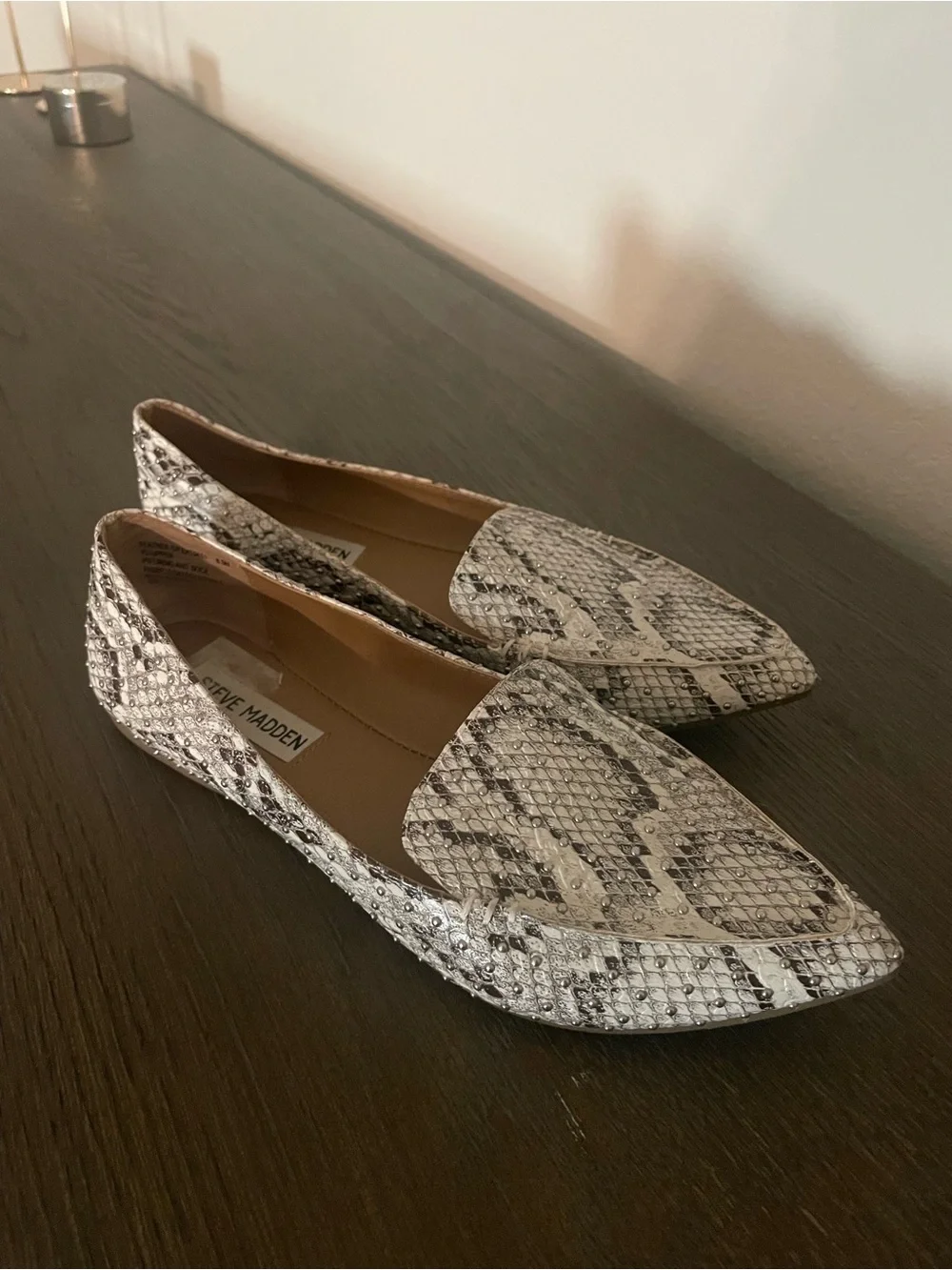 Steve Madden Snake Skin Pointed Toe Loafers - White Gray